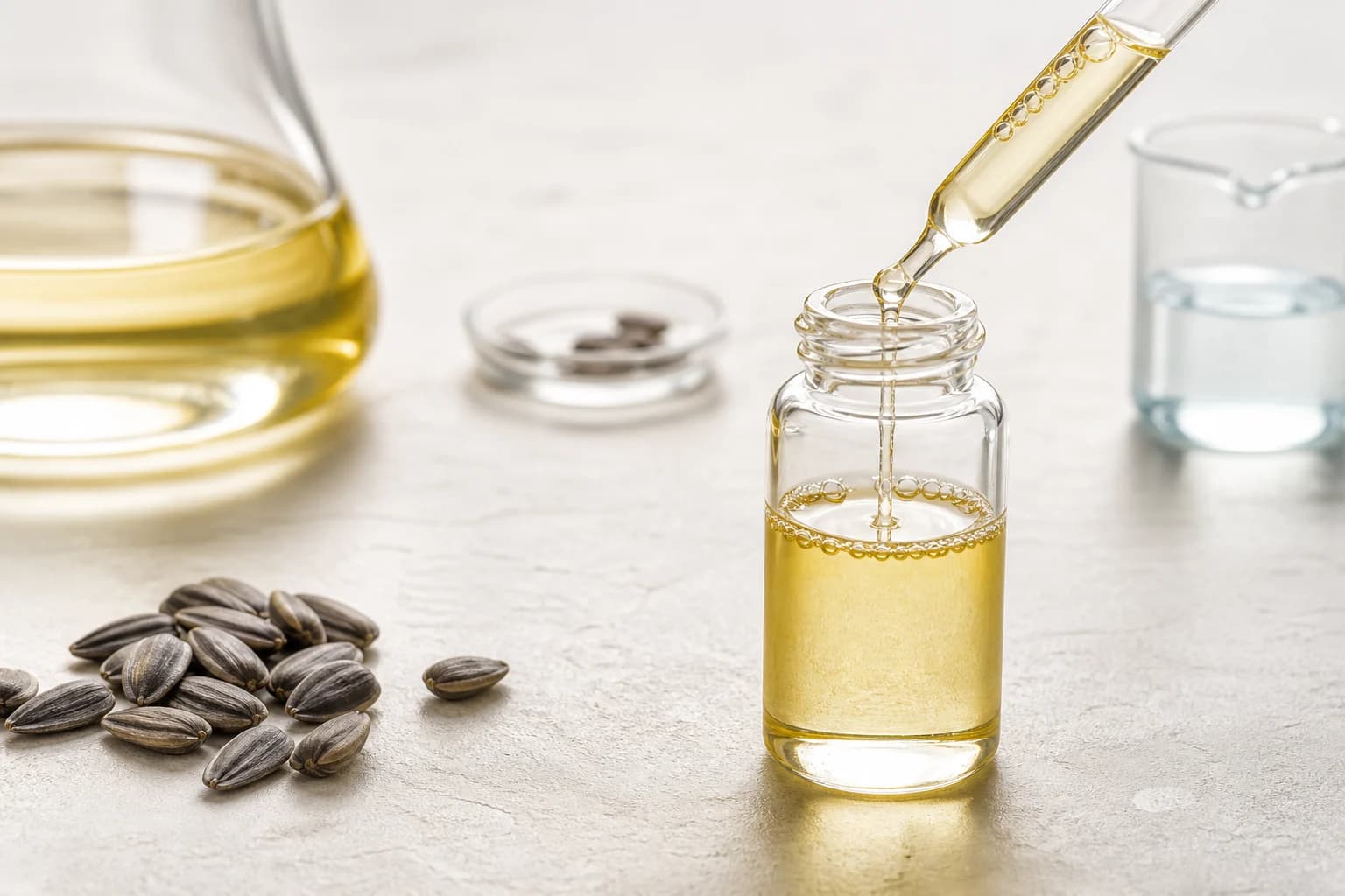 Olio di girasole trasferito con una pipetta in laboratorio