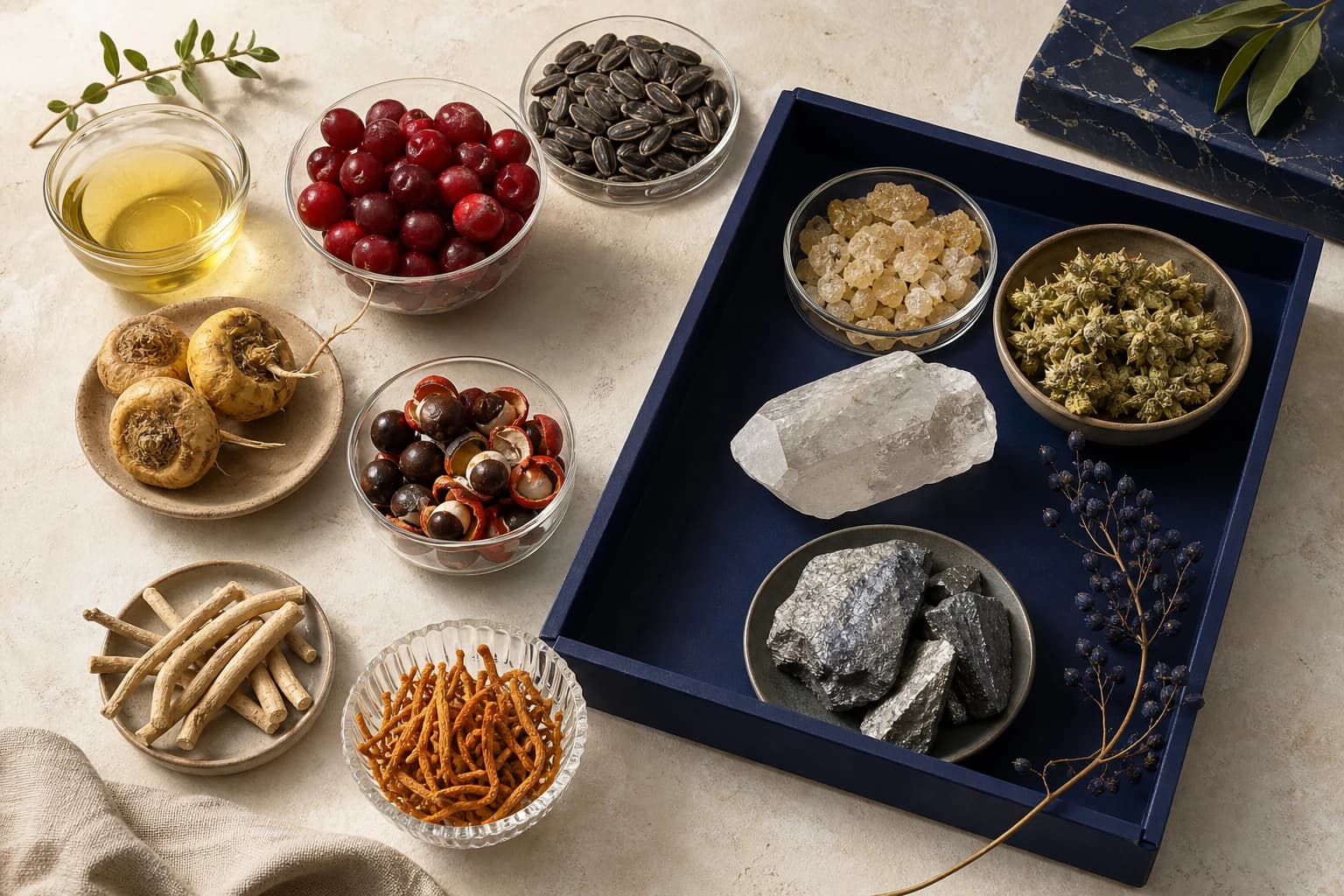 Archivio visivo di botanici, olio di girasole, resine e minerali