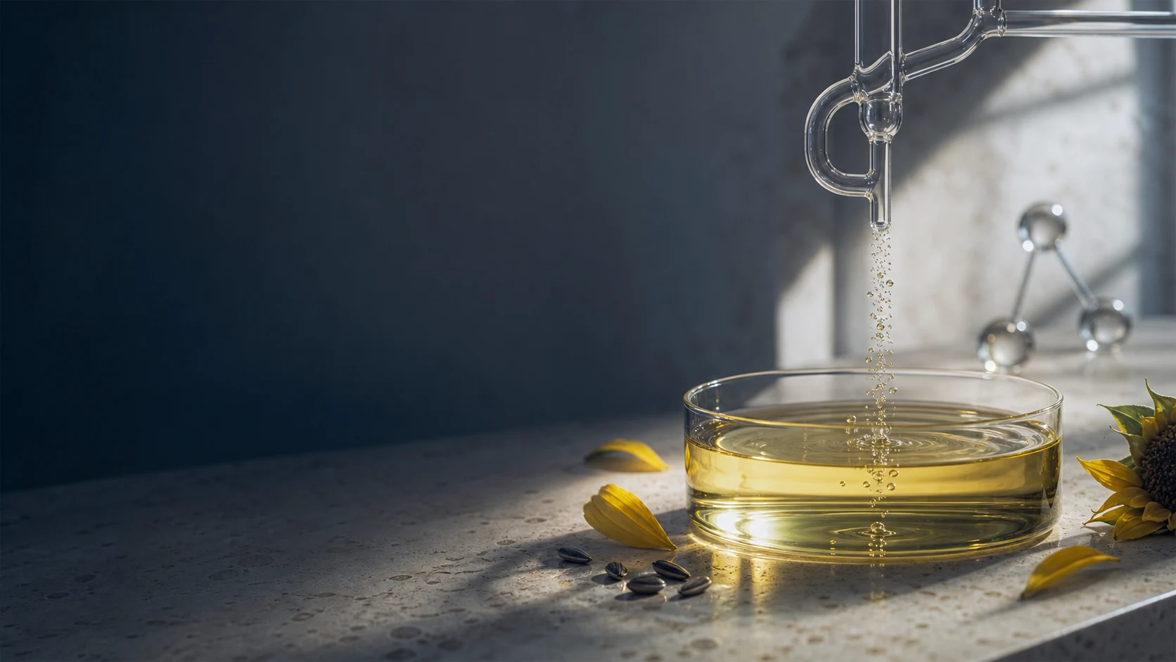 Olio di girasole sottoposto a ozonizzazione controllata in un laboratorio contemporaneo
